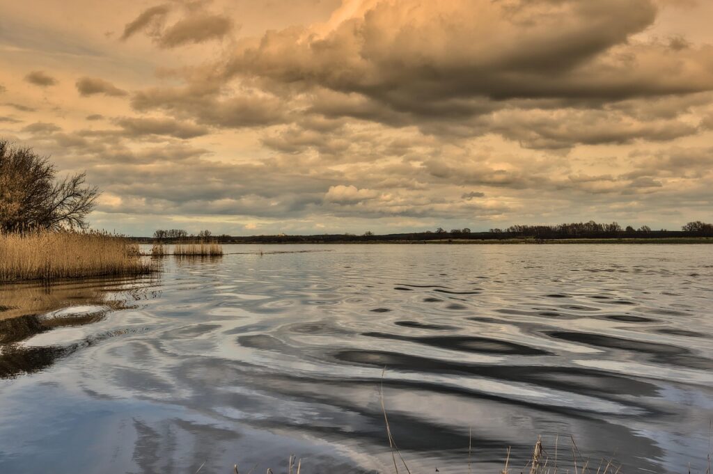 riverbank, flow, waves, nature, water, water movement, clouds, dusk, landscape